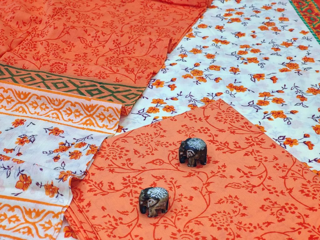 Orange and off whitw cotton suits with cotton dupatta
