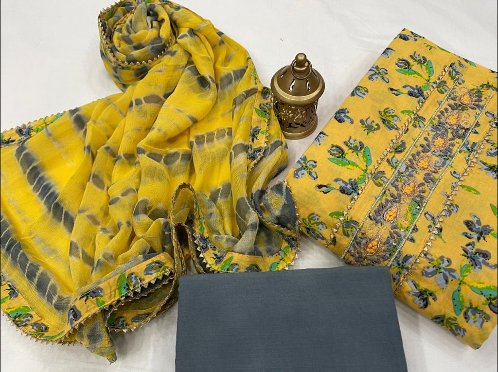 Yellow and slate Gray Hand work cotton embroidery suits price