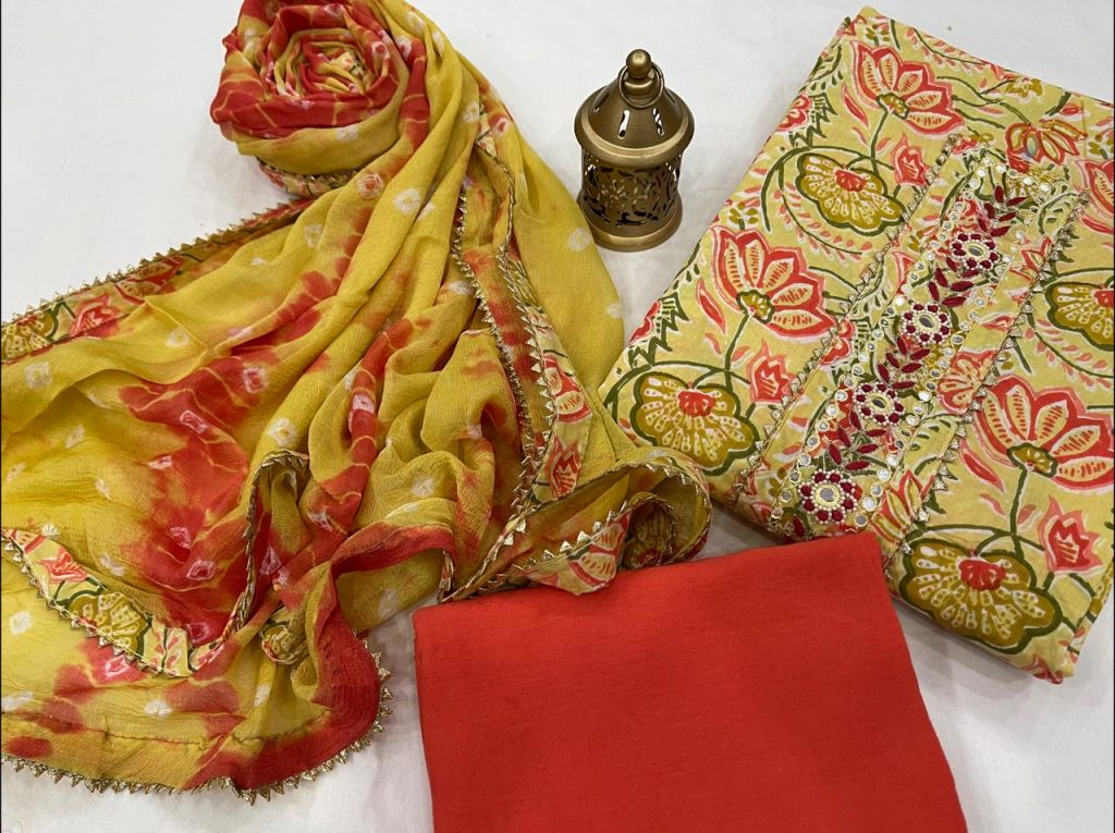 Yellow and orange embroidered salwar kameez dress material