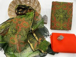 Superior quality Fern Green and orange kota doria suit set