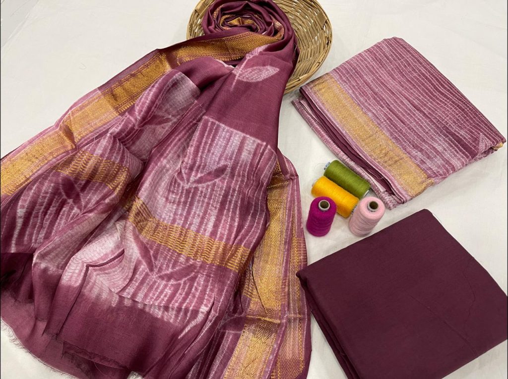 Japanese Plum maheshwari silk suit set with cotton pajama