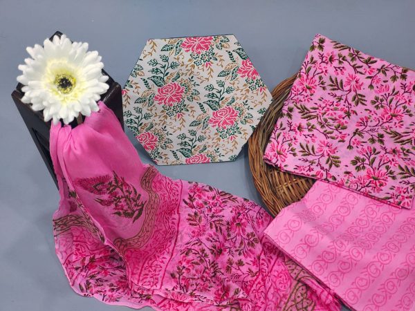 Pink floral print cotton suits with chiffon dupatta