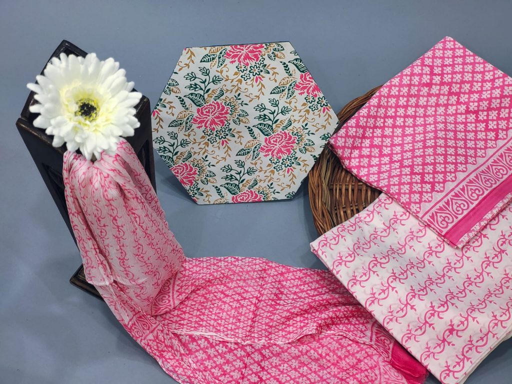 Pink cotton dress material with chiffon dupatta wholesale