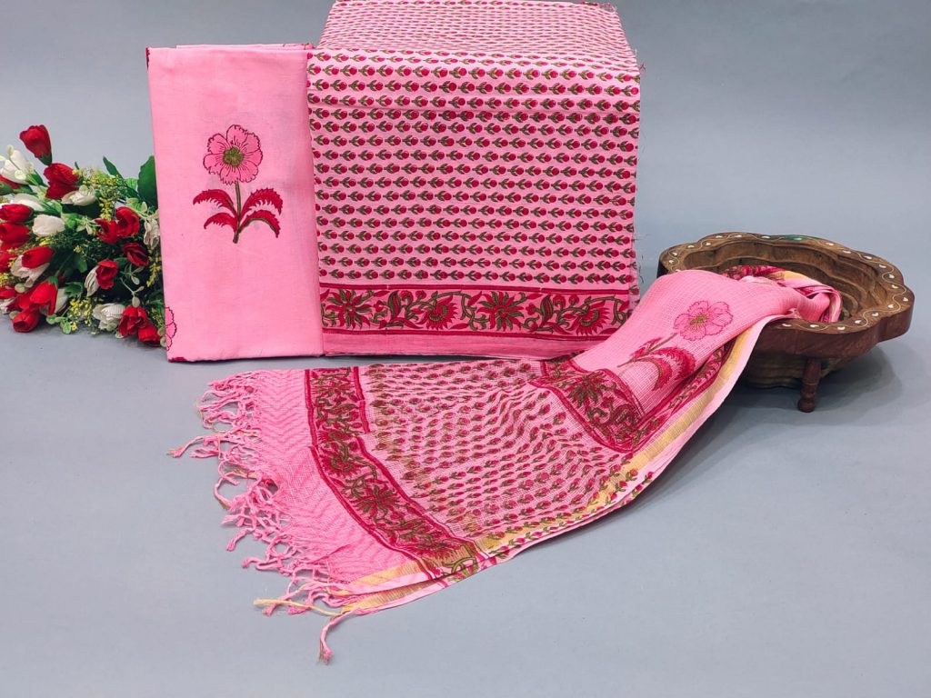 Light Pink floral print cotton slawar suit with kota doria dupatta