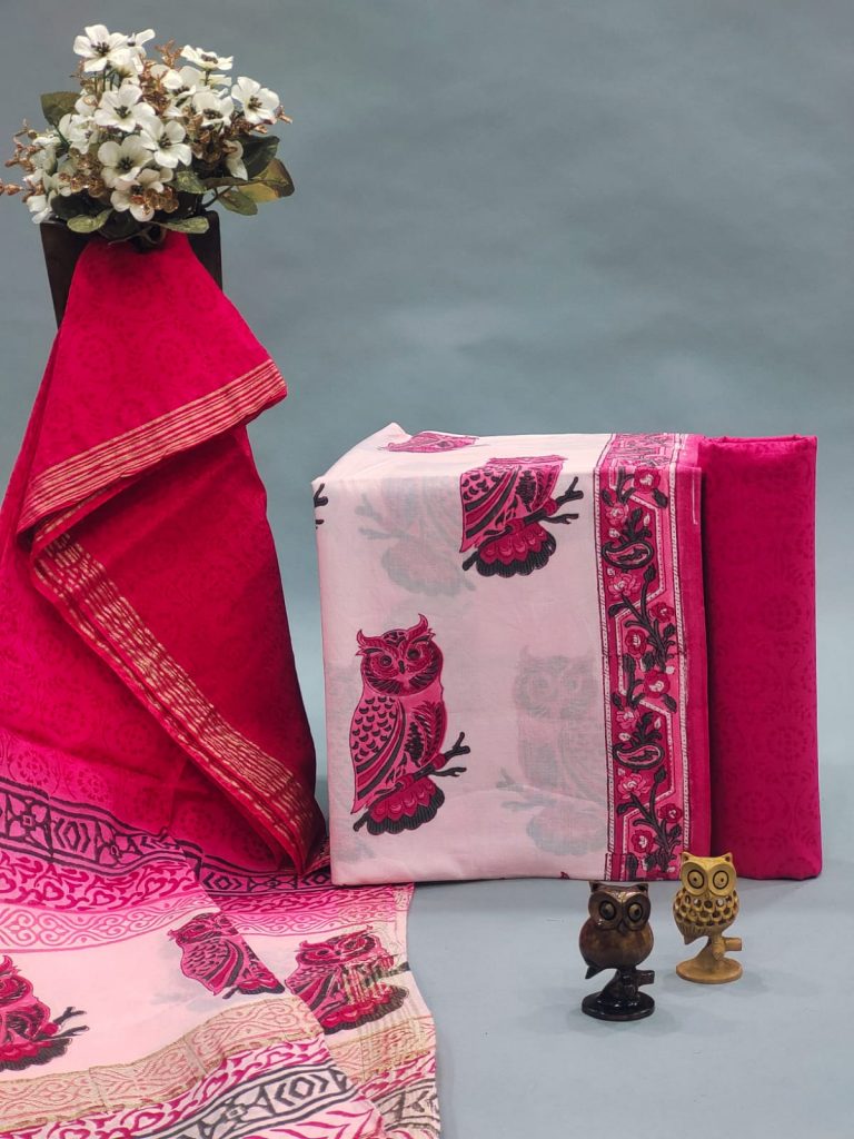 Pink chanderi cotton salwar suit set with dupatta