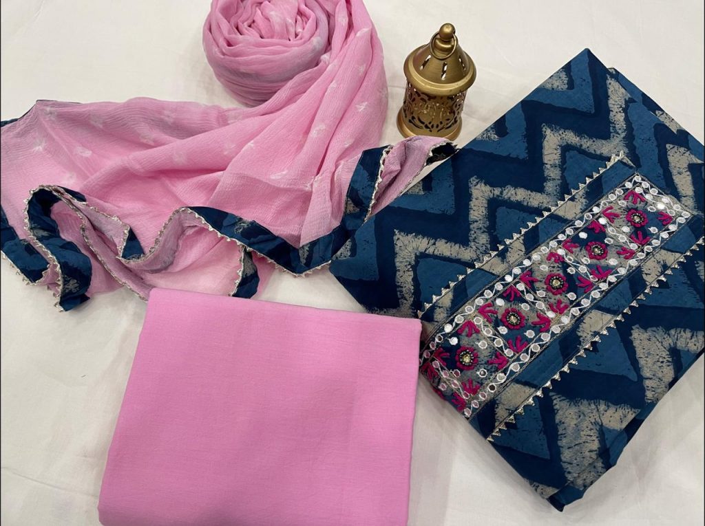 Blue and Pink Cotton printed gota hand work suit set