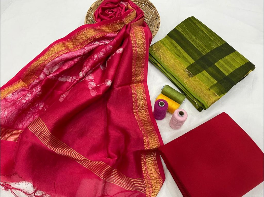 Ruby and green maheshwari silk suit set