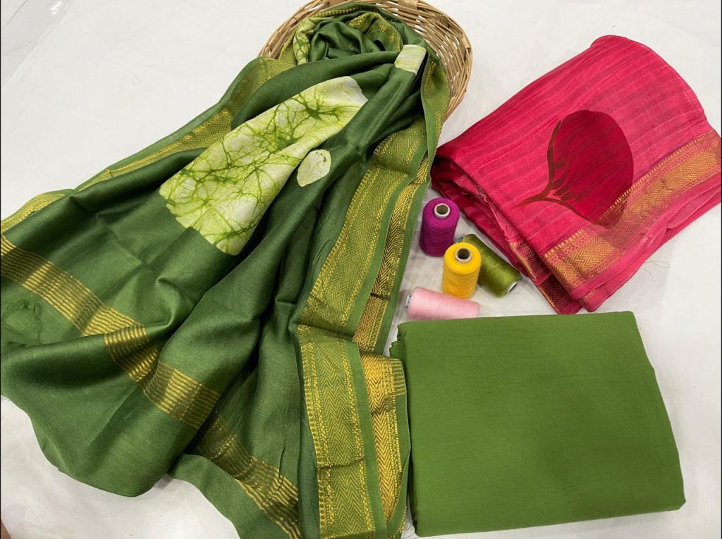 Sap Green maheshwari silk suit set with dupatta