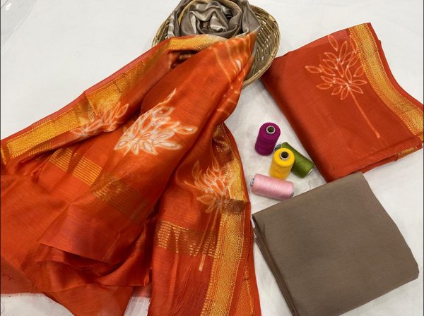 Traditional Orange maheshwari silk suit set with cotton pajama