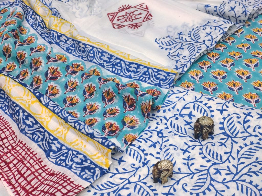 Turquoise And white floral print cotton suits with cotton dupatta