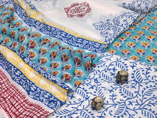 Turquoise And white floral print cotton suits with cotton dupatta
