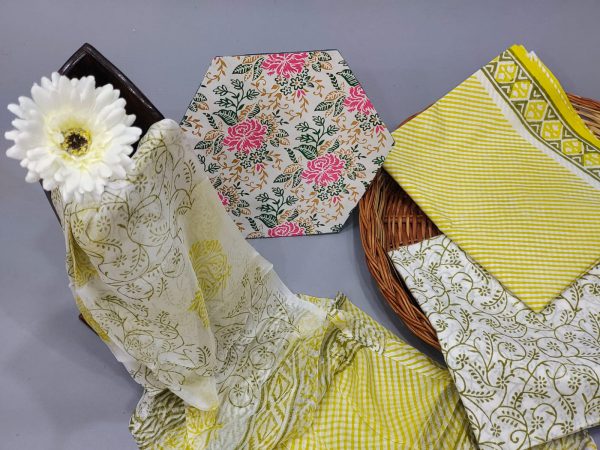 Yellow and white floral print cotton suit chiffon dupatta