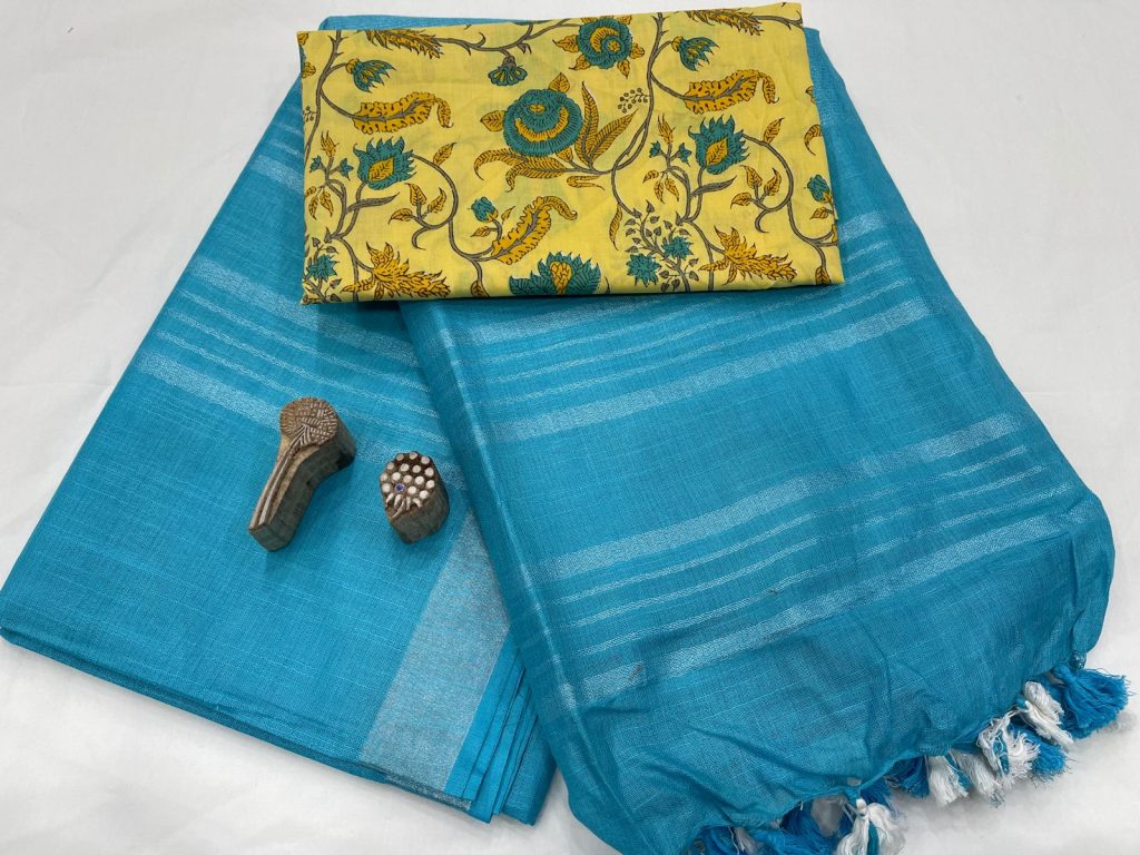 Azure  linan saree with printed cotton blouse
