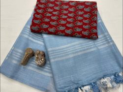 Azure linen saree with printed cotton blouse