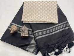 Black linen saree with printed cotton blouse