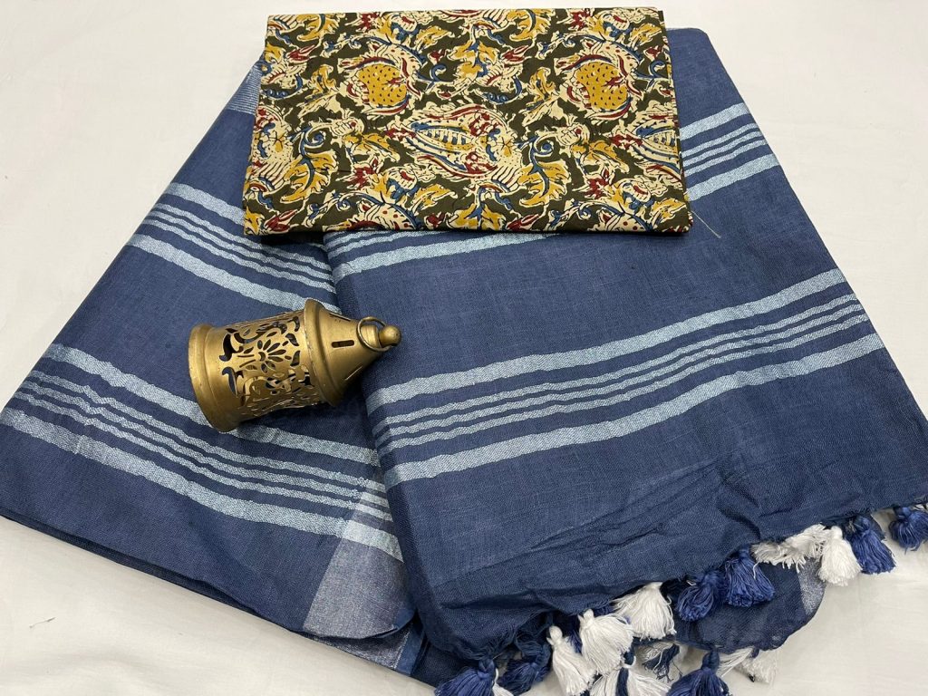 Blue linen saree with printed cotton blouse