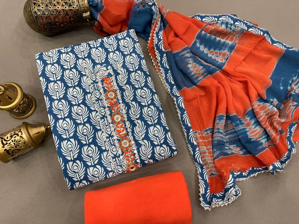 Orange and indigo blue color Gota embroidery suit with chiffon dupatta