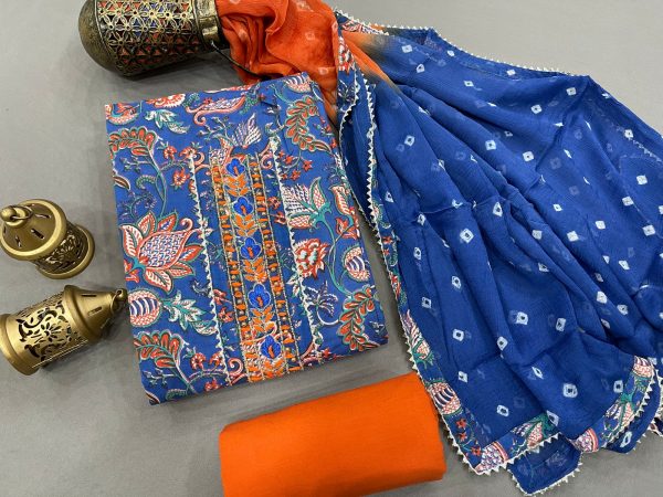 Cotton Orange and Blue color Gota embroidery suit with chiffon dupatta