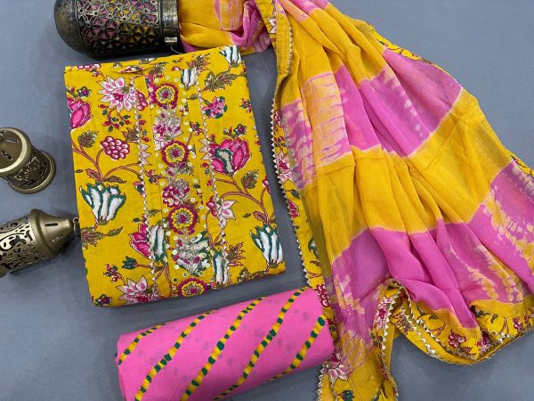 Printed yellow and pink Gota embroidery suit with chiffon dupatta