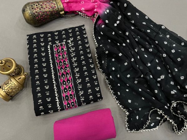 Bandhej print black and Magenta rose color Gota embroidery suit with chiffon dupatta
