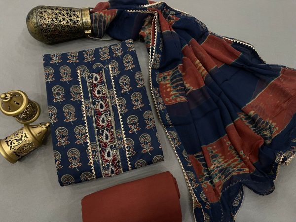 Prussian blue and burgundy color Gota embroidery suit with chiffon dupatta