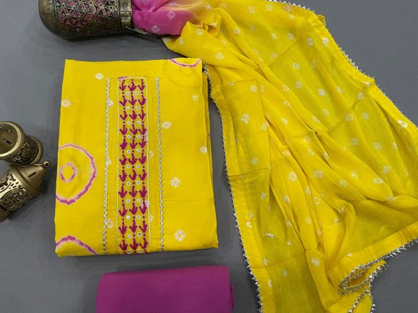 Cotton Yellow purple color Gota embroidery suit with chiffon dupatta