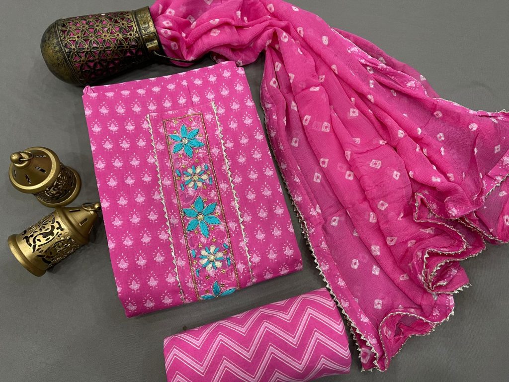 Cerise pink color Bandhej print Gota embroidery suit with chiffon dupatta