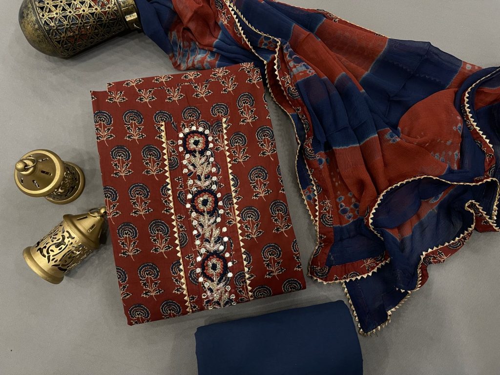 Burgundy and Prussian blue Gota embroidery suit with chiffon dupatta