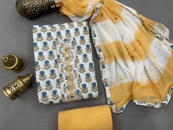 Cotton Yellow and white color Gota embroidery suit with chiffon dupatta
