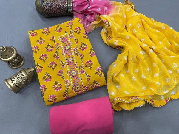 Cotton yellow and pink Gota embroidery suit with chiffon dupatta