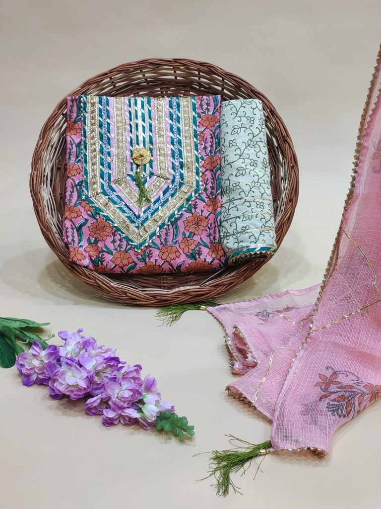 Pink Gota embroidery suit with kota doria dupatta