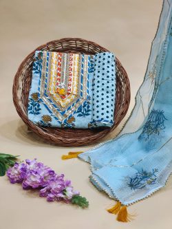 Block print baby blue color Gota embroidery suit with kota doria dupatta