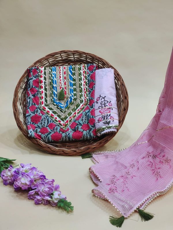 Pink floral print Gota embroidery suit with kota doria dupatta