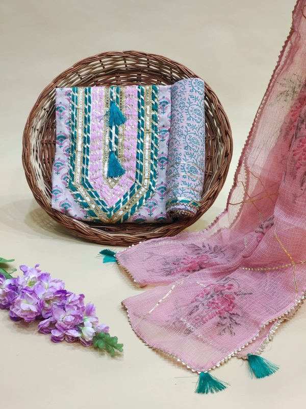 Block print pink Gota embroidery suit with kota doria dupatta