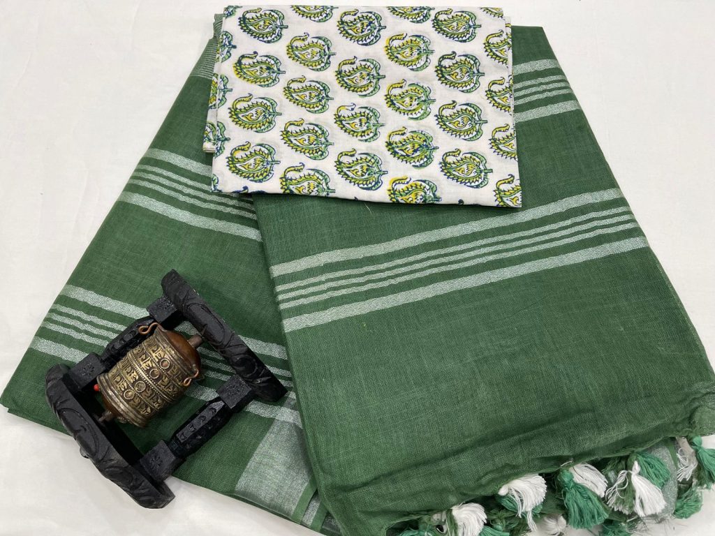 Green Handloom cotton linen saree