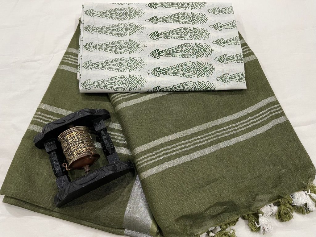 Dark Green linen saree with printed cotton blouse
