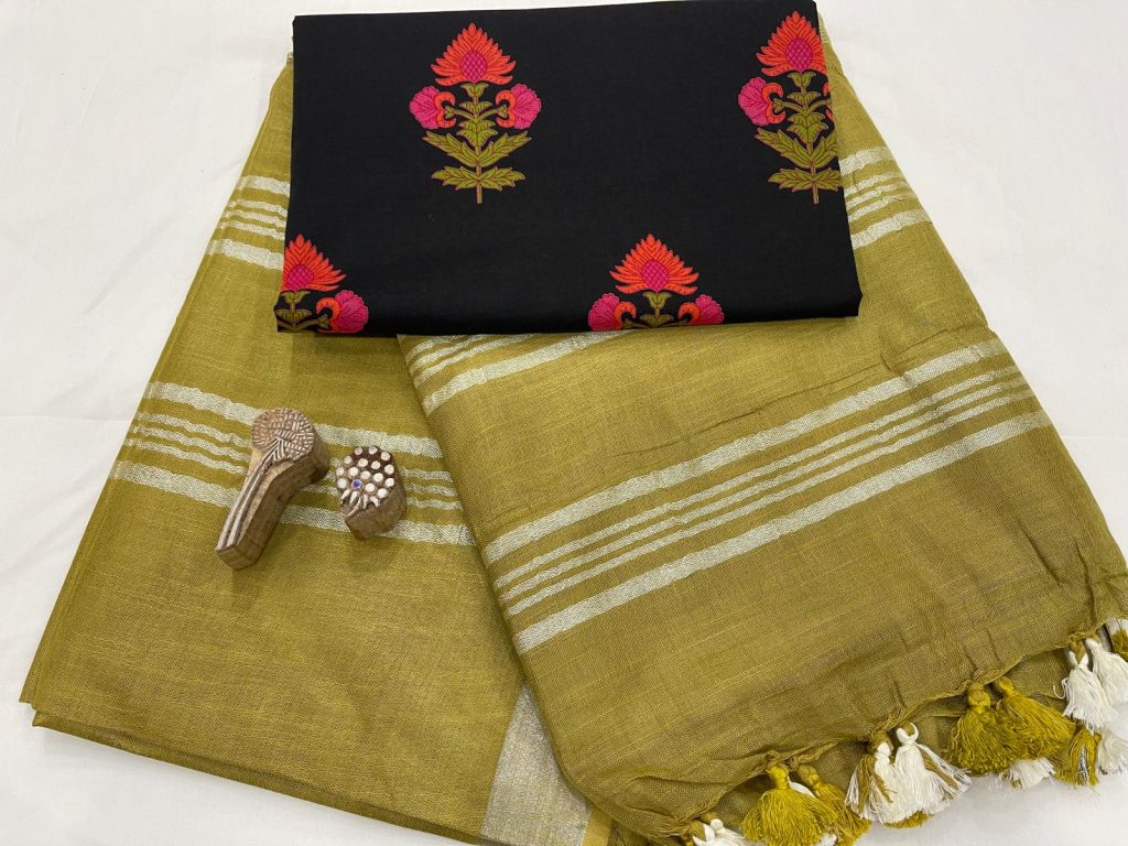 Light Olivetone linen saree with printed cotton blouse