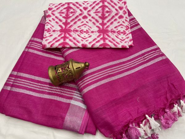 magenta linen saree with printed cotton blouse