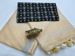 Medium Champagne linan saree with printed cotton blouse