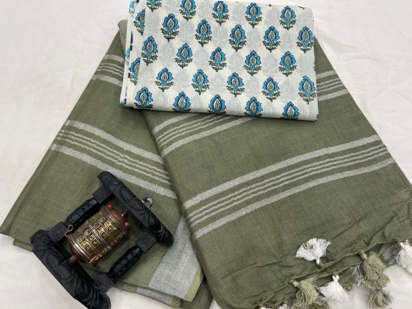 Olive linen saree with printed cotton blouse