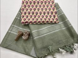 Olive linen saree with printed cotton blouse