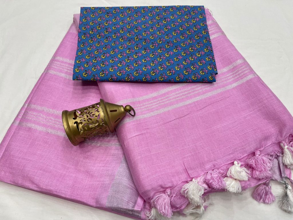 pink sharbet linen saree with printed cotton blouse