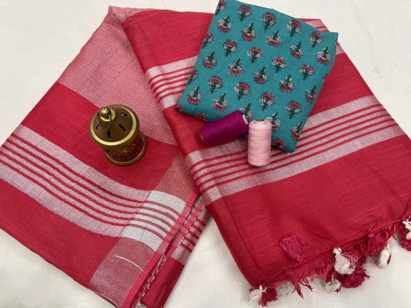 Red color Plain linen saree with separate printed blouse