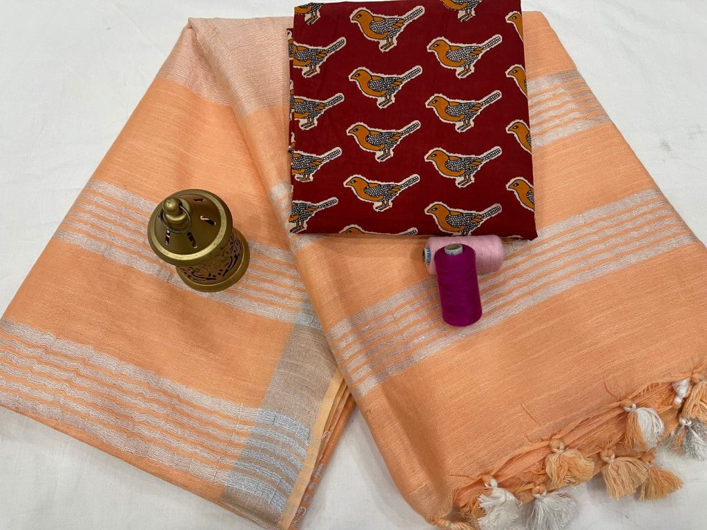 Light orange color Plain linen saree with separate printed blouse
