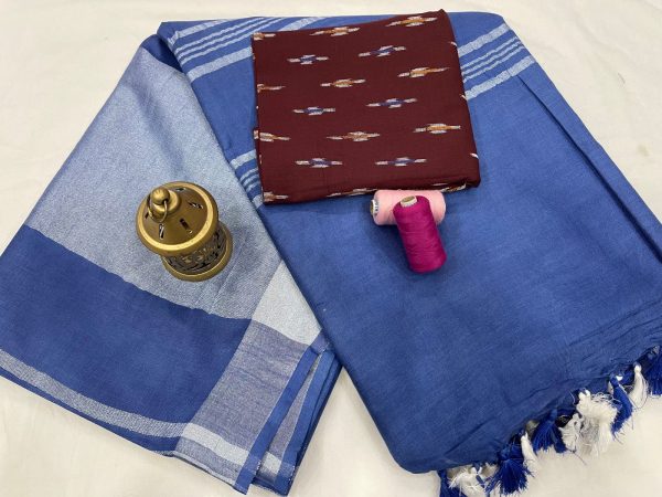 Persian blue color Plain linen saree with separate printed blouse