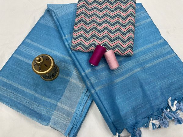 Blue color Plain linen saree with separate printed blouse