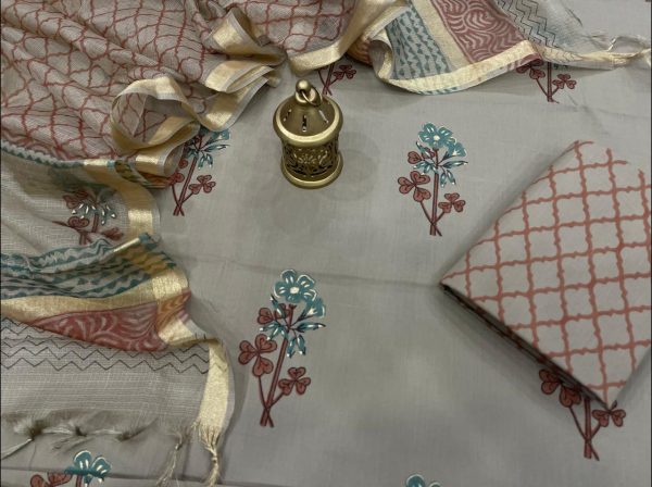 Slate gray floral print cotton suit kota silk dupatta