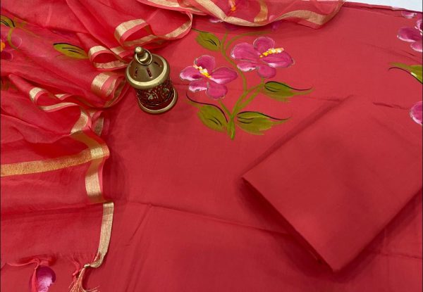 Deep Cherry Red Edit | floral hand painted floral print cotton suit kota silk dupatta