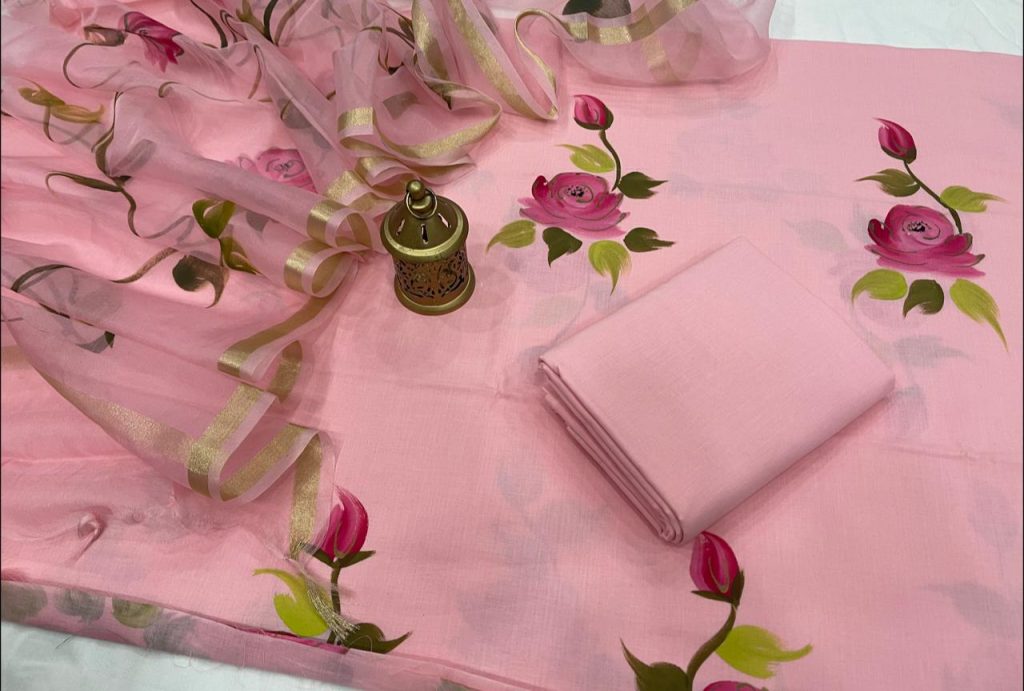 Pink floral hand painted mugal print office wear salwar suits with kota silk dupatta