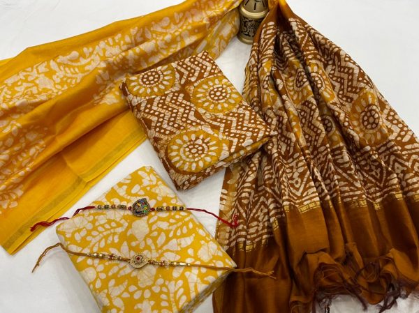 Yellow and brown chanderi salwar suit dress material with dupatta